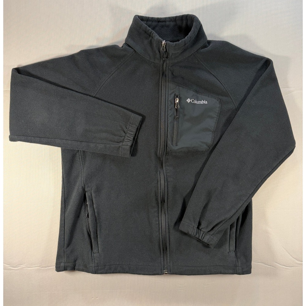 Columbia Mens Full Zip Fleece Jacket Black Large Mock Neck Chest Pocket RN69724